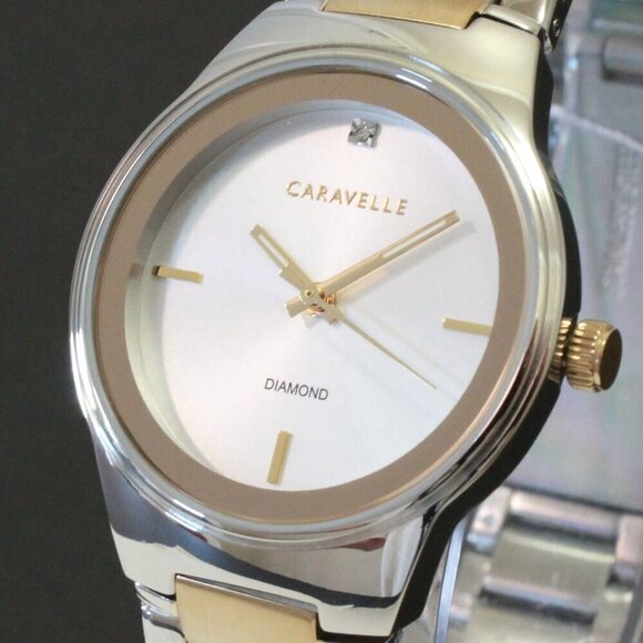 Caravelle Ladies Modern Design Watch By Bulova Diamond At 12 Silver - Gold Tone - Picture 10 of 12